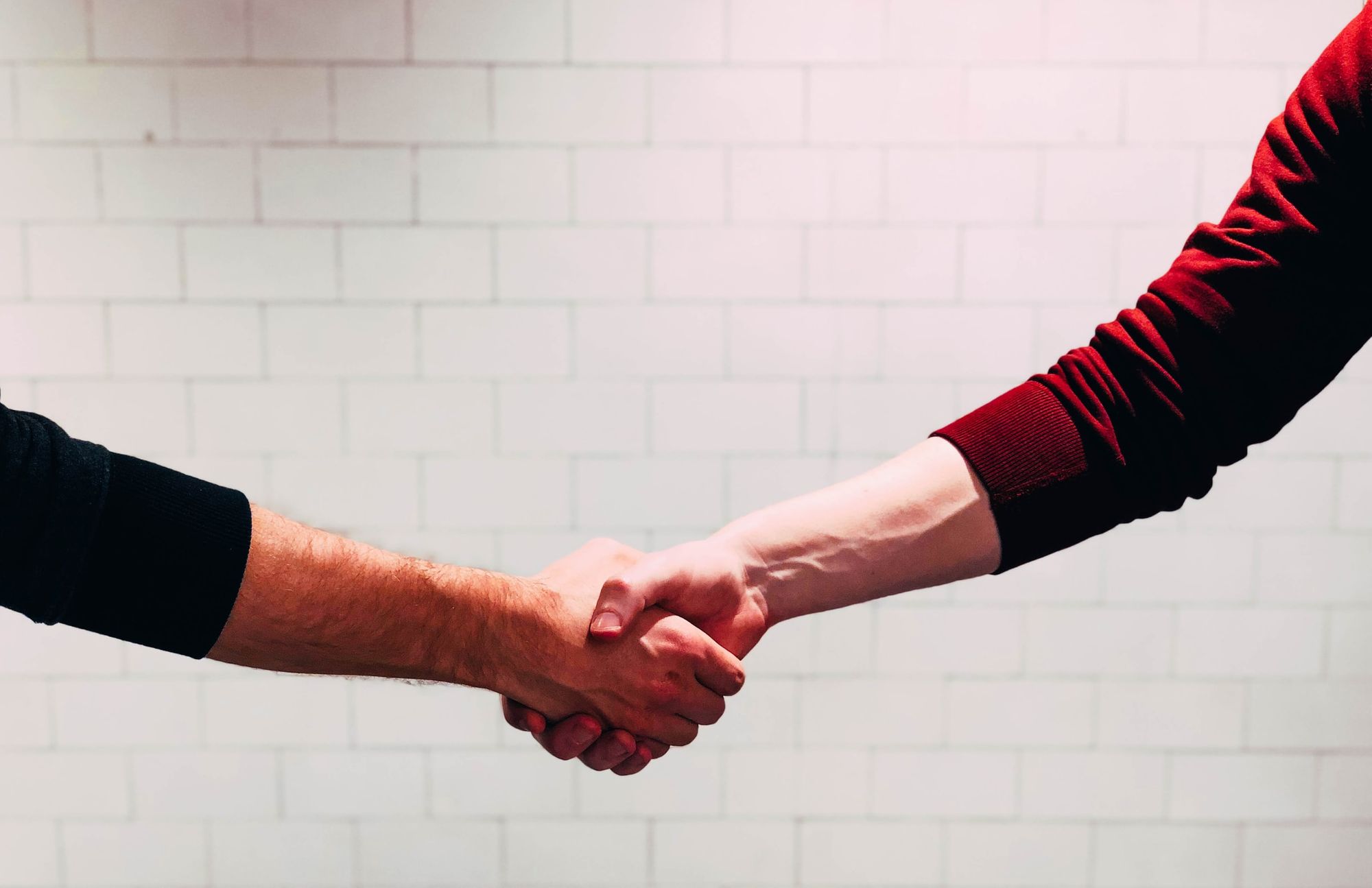 Two people shaking hands in front of a brick wall
