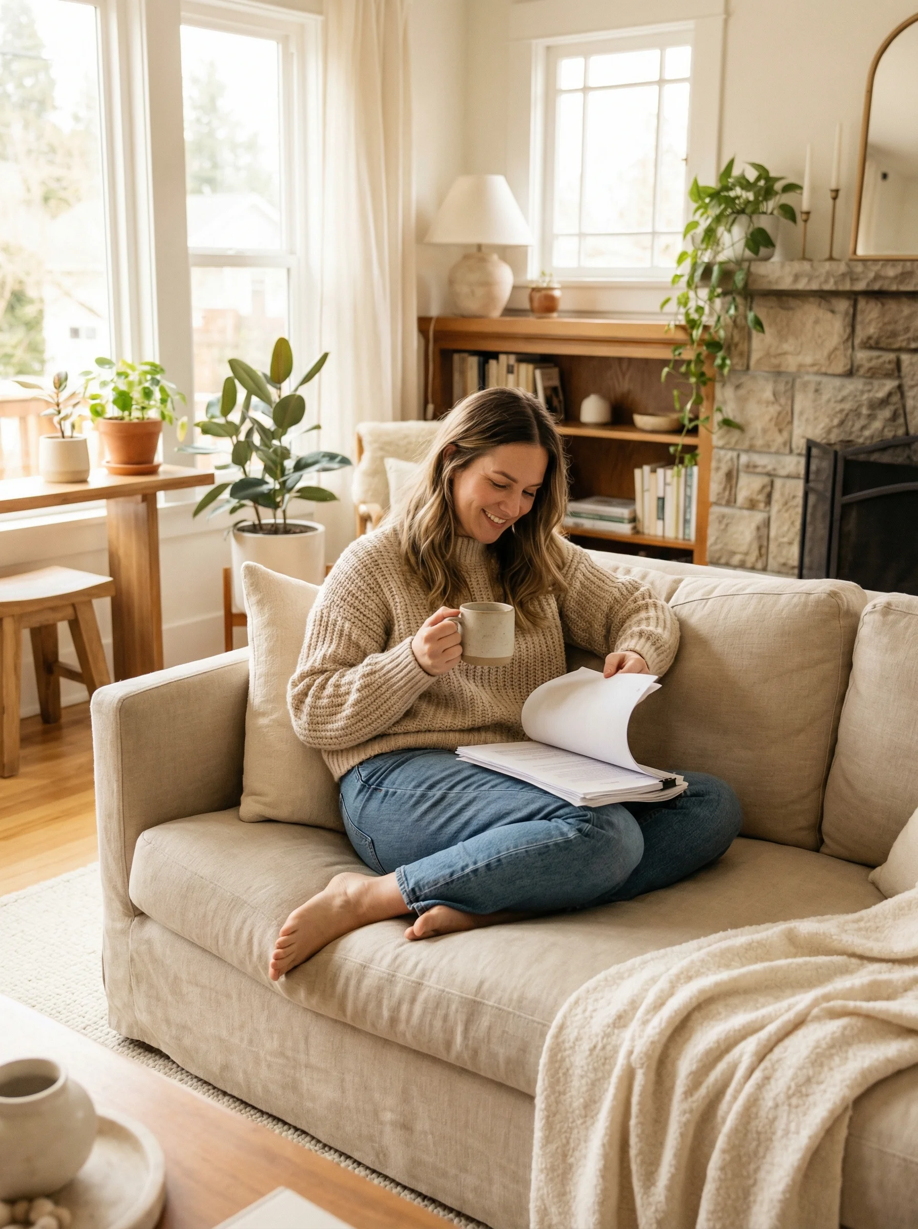 Woman reading mortgage documents at home